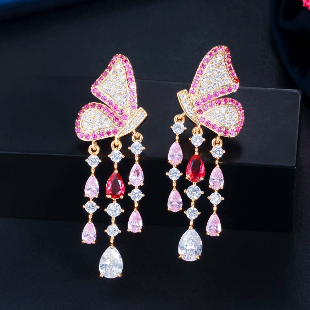 ThreeGraces Elegant Black Cubic Zirconia Butterfly Shape Long Dangle Tassel Earrings for Women New Fashion Party Jewelry E1281