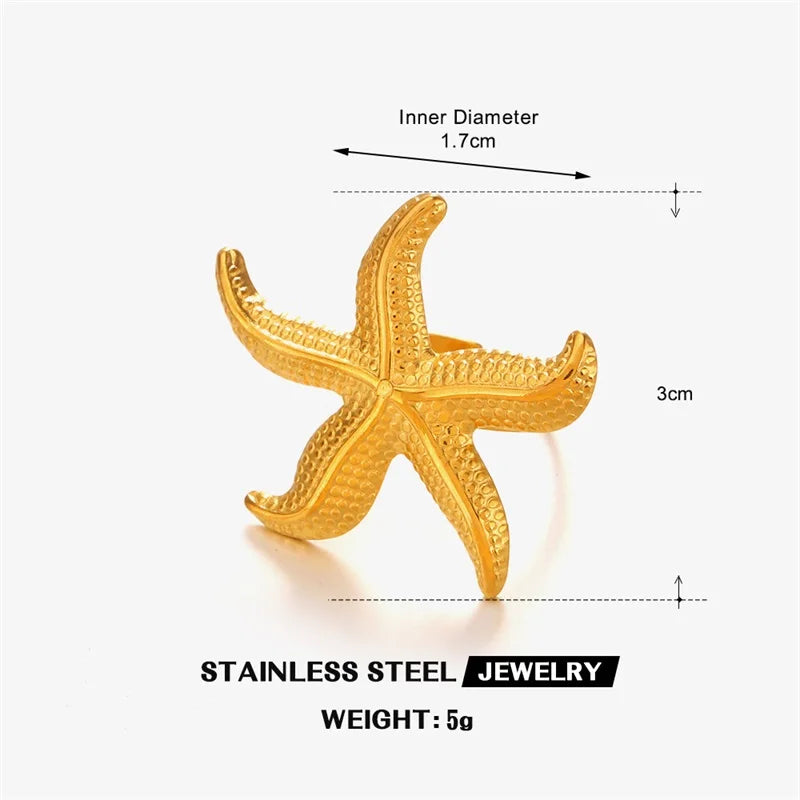 EILIECK 316L Stainless Steel Enamel Starfish Shells Open Adjustable Ring for Women Waterproof Chic Beach Summer Ring Jewelry