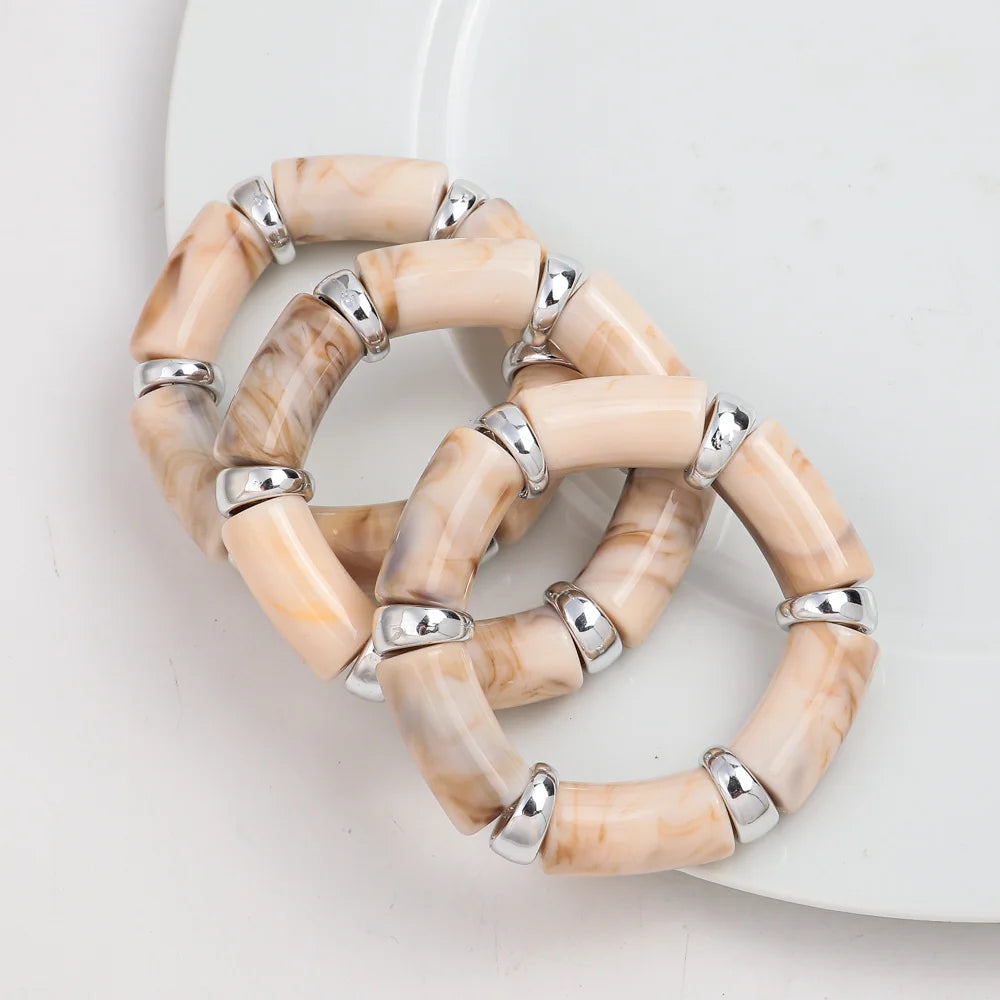 3pcs Fashion Chunky Tube Beaded Elastic Bangle Bracelets Acrylic Marbled Geometric Curved Beaded Bracelet Vintage Jewelry Gifts