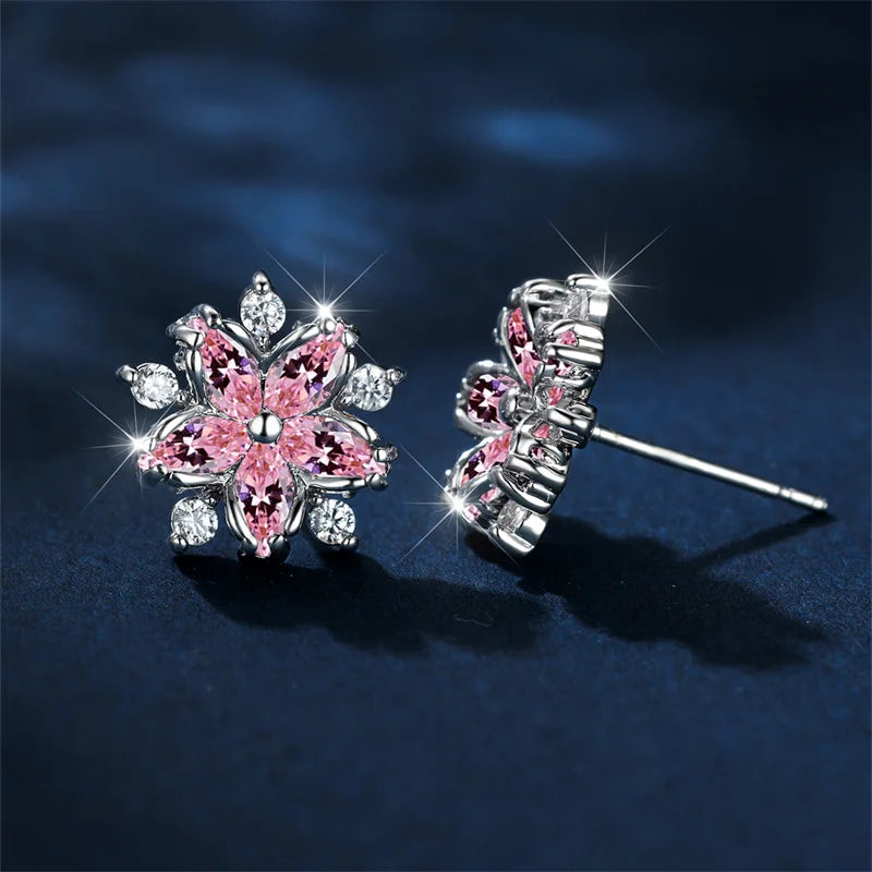 Luxury Female Pink Stone Flower Stud Earrings Silver Color Zircon Wedding Jewelry For Women