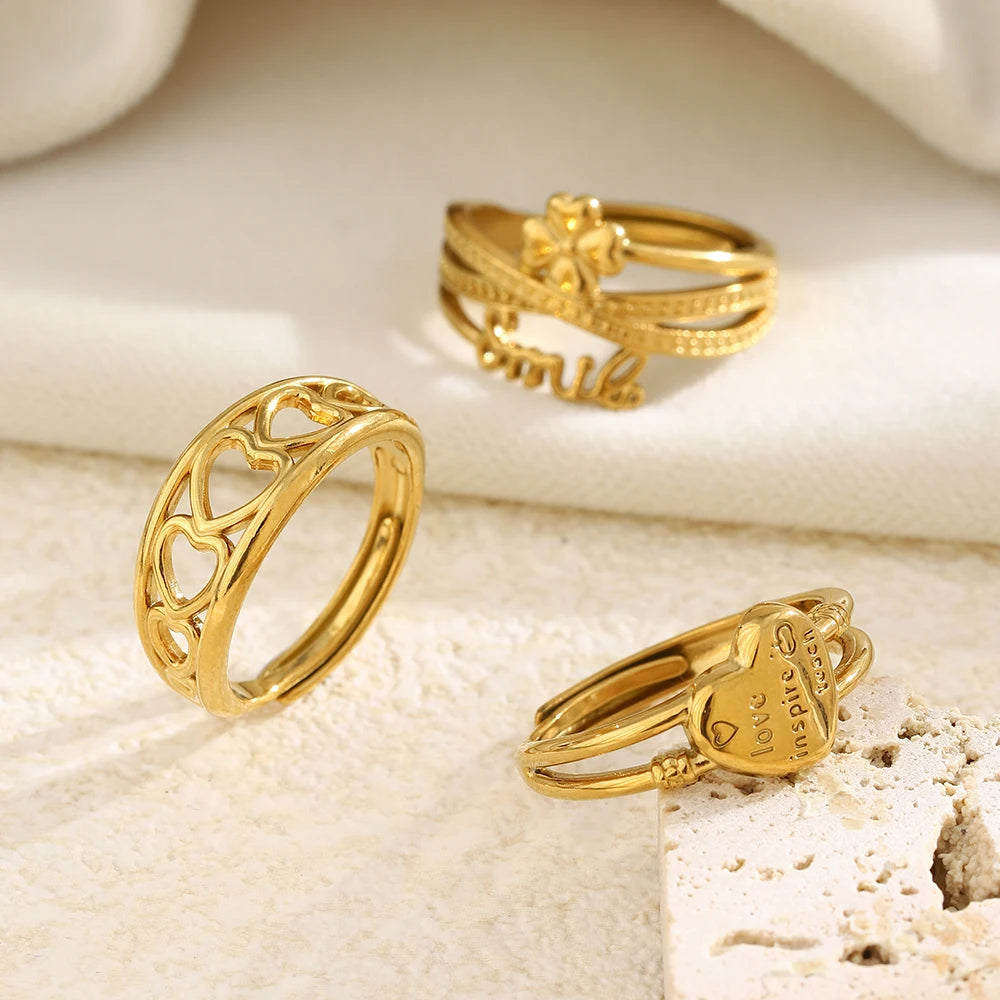 E.B.belle Stainless Steel Open Series Heart Flower Ring Gold Artistic And Sweet Design Women's Jewelry Accessories For Gift