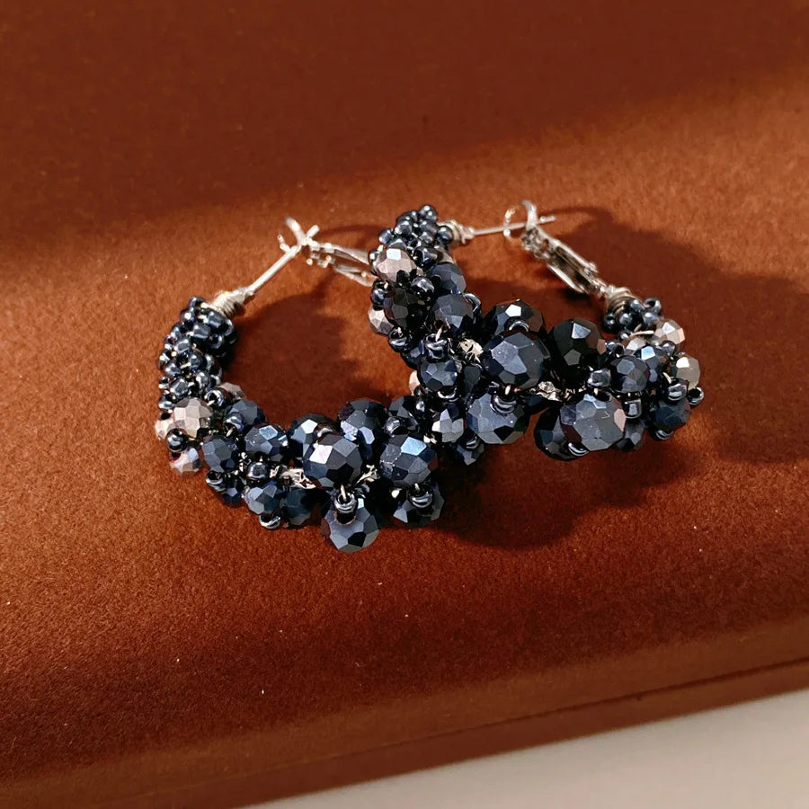 Colorful Glass Beaded Cluster Hoop Earrings for Women Shiny Wrapped Circle Huggie Earrings Vacation Festival Beach Jewelry N