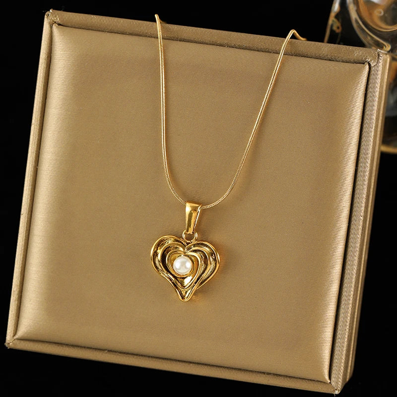 EILIECK New Fashion Stainless Steel Metal Heart Pearl Necklace Earrings For Women Trendy Gold Color Waterproof Jewelry Set Gift