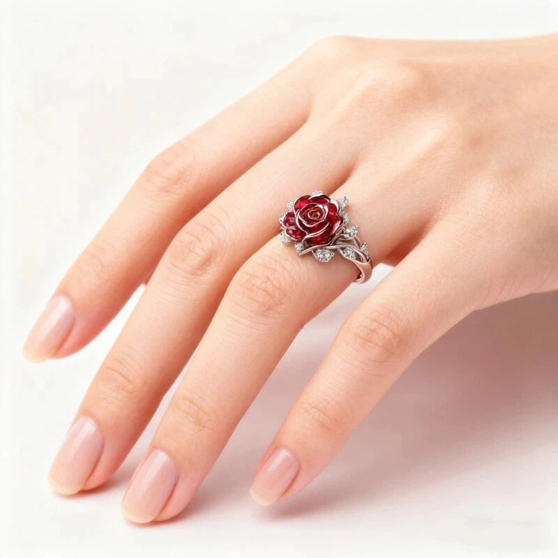 Bohemian Flower Red Crystal Rings for Women Girl Gorgeous Silver Color Ring Wedding Engagement Christmas Valentine's Day Gift