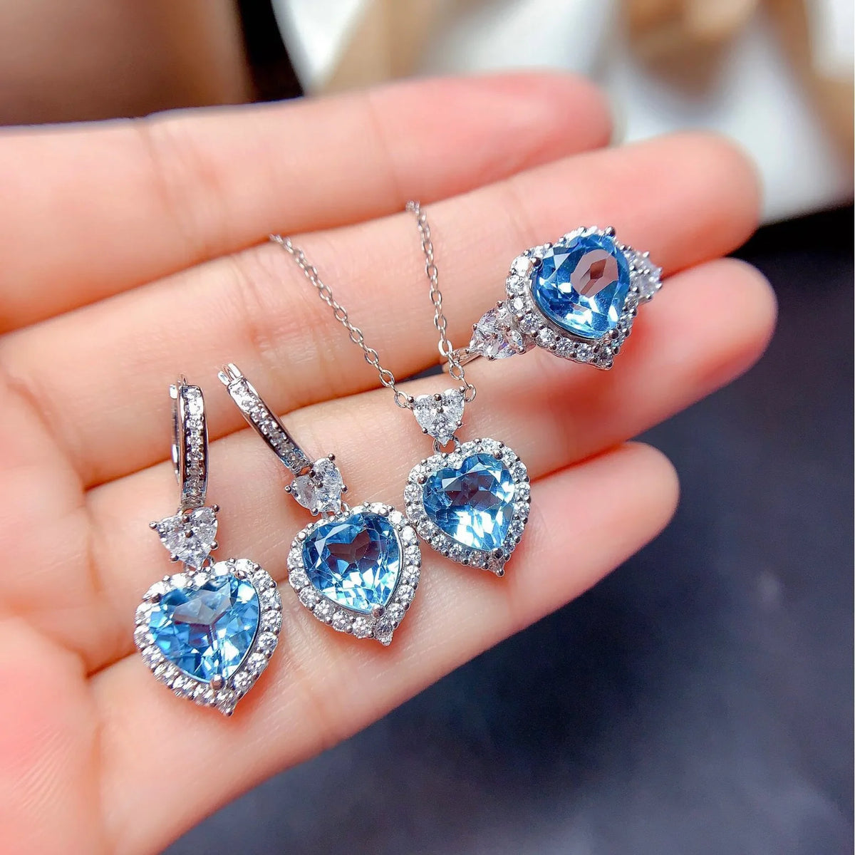 925 Sterling Silver Fine Jewelry Set Heart Shaped Blue Zircon Earrings Set Ring Pendant Earrings Women Engagement Party