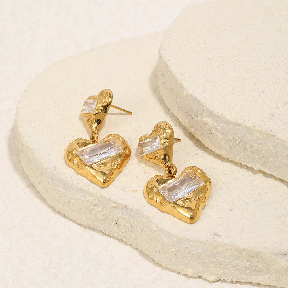 Vintage Stainless Steel Double Heart Drop Earrings for Women Luxury Square Zircon Metal Textured Dangle Earring Wedding Jewelry