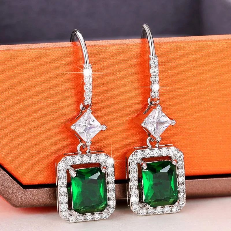 Huitan Modern Fashion Green CZ Drop Earrings for Women Silver Color Luxury Bridal Wedding Party Accessories New Trendy Jewelry
