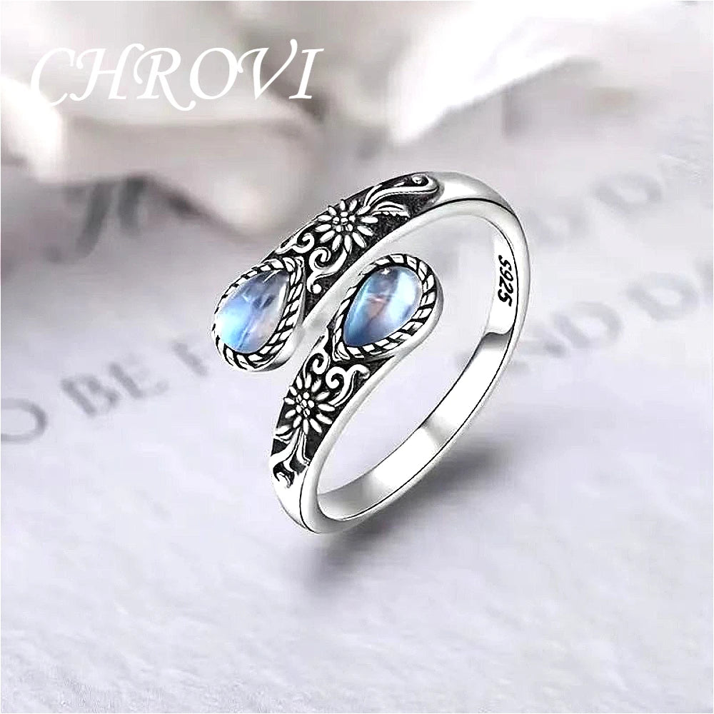 Retro 925 Sterling Silver Agate Spoon, Moonstone Ring, Women's Simple and Fashionable Ring
