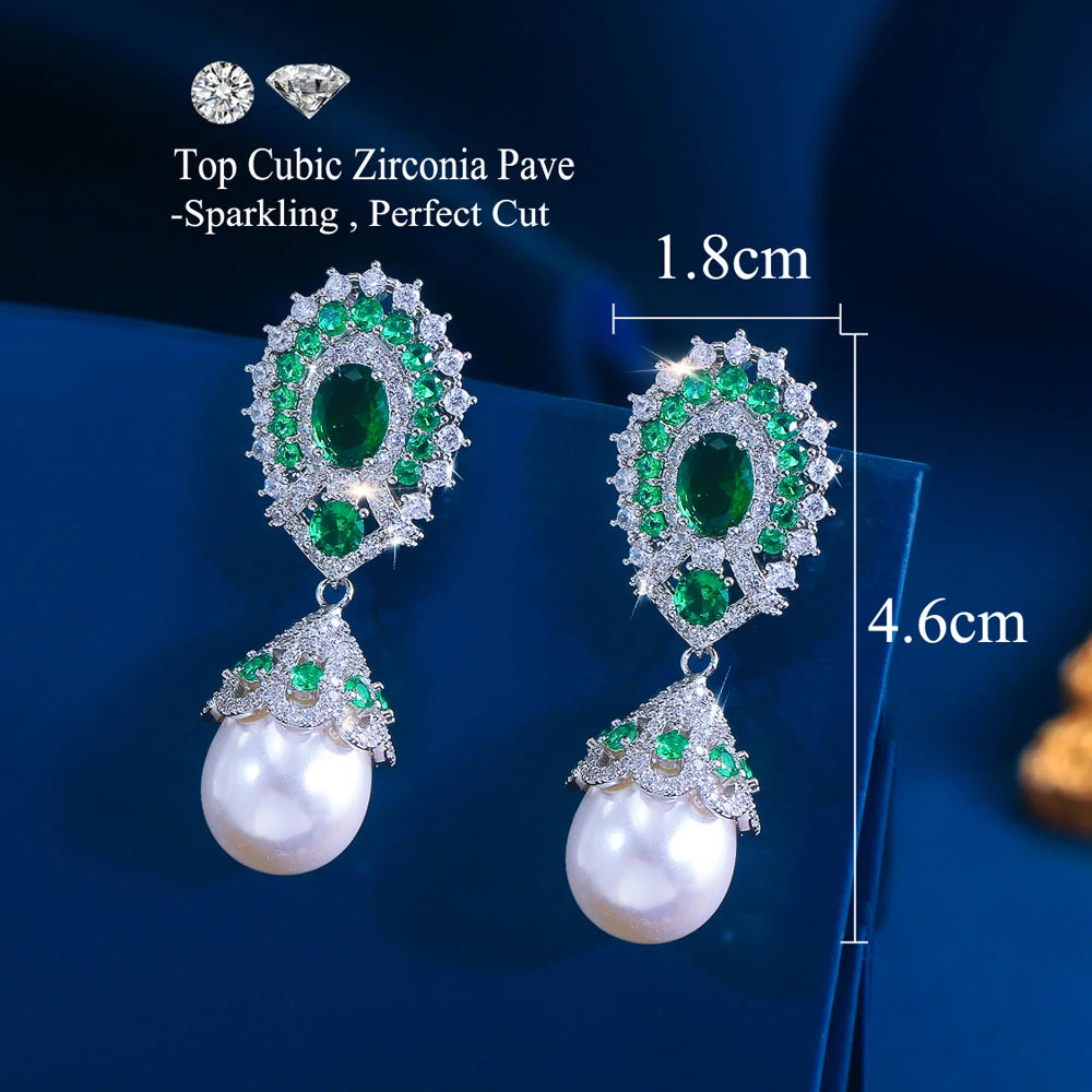 ThreeGraces Luxury Shiny Green White Zirconia Fashion Bridal Wedding Party Big Simulated Pearl Earrings for Women Jewelry E2035