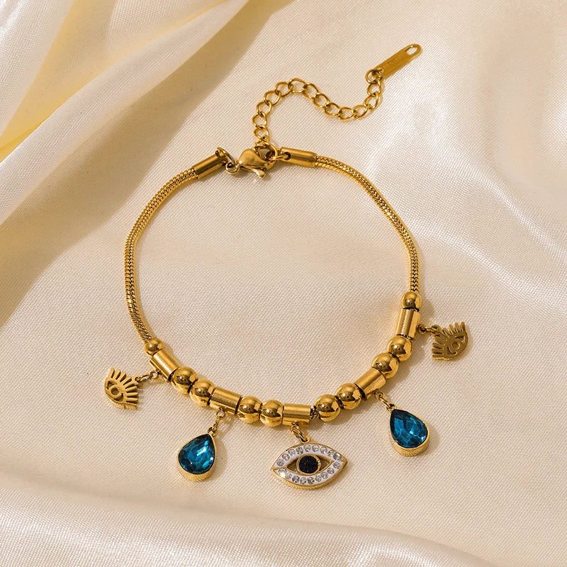EILIECK 316L Stainless Steel Water Drop Zircon Butterfly Hexagram Charm Bracelet For Women Trend Fashion Gold Color Jewelry Gift