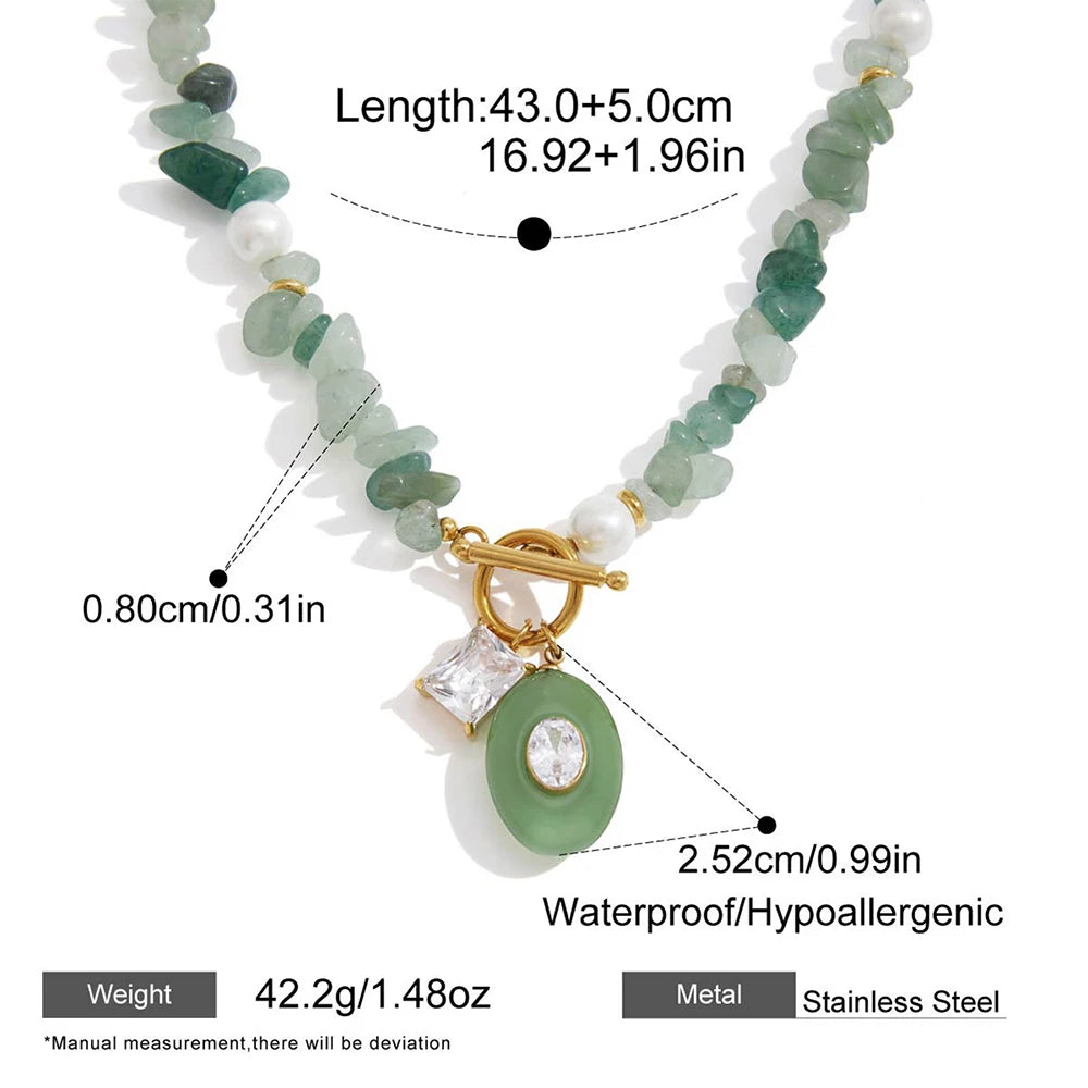 Fashion Oval Natural Stone Pendant Stainless Steel Necklace with Zircon Pearl Summer Style Stone Chip Handmade Collars Jewelry