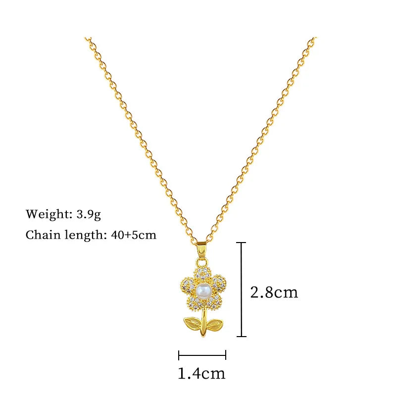 Sparkling Luxury Cubic Zirconia Pearl Flower Pendant Stainless Steel Women's Necklace Fashion Waterproof Jewelry Gift