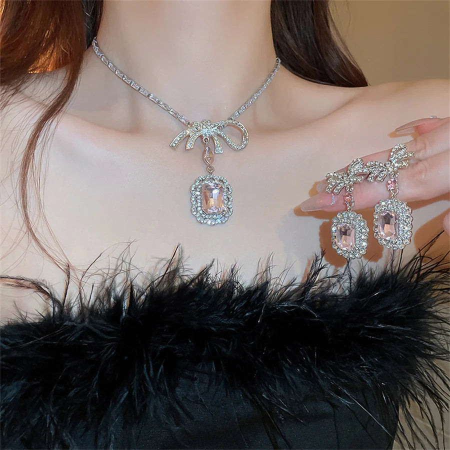 Sweet Square Pink Crystal Necklace Earrings for Women Girls Bowknot Earrings Wedding Bride Jewelry Sets Accessories