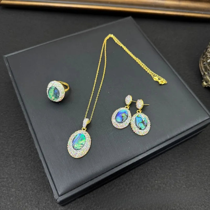 Shell Earrings for Women Geometric Inlaid Rhinestones Vintage Jewelry Sets Light Luxury Fashion Elegant Aretes De Mujer