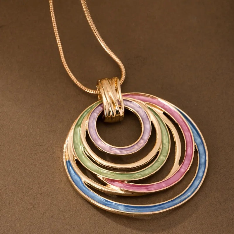 New Geometric Colorful Circular Annular Hollow Geometric Pendant Necklace with Personalized Creativity Women's Jewelr Gifts