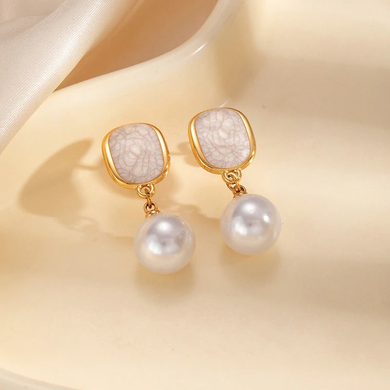 ANENJERY 316L Stainless Steel Geometric Elliptical Drop Glazed Enamel Pearl Earring For Women Fashion Luxury Niche Jewelry Gift