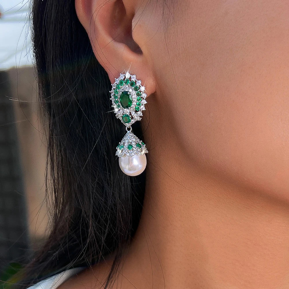 ThreeGraces Luxury Shiny Green White Zirconia Fashion Bridal Wedding Party Big Simulated Pearl Earrings for Women Jewelry E2035