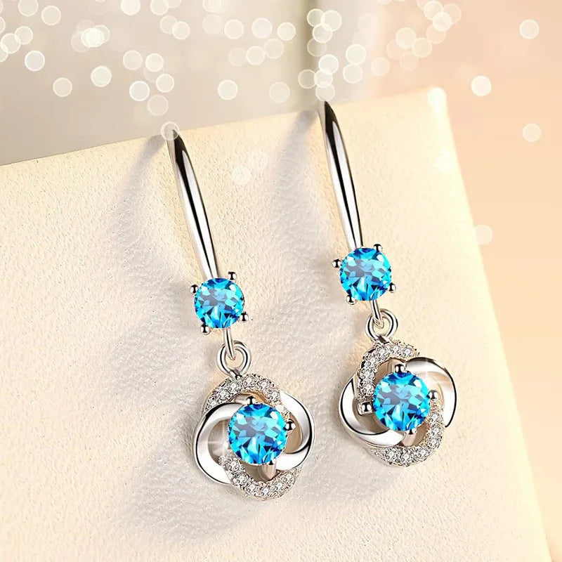 Boho Female Crystal Pink Blue White Drop Earrings Silver Color Zircon Stone Small Round Wedding Jewelry For Women
