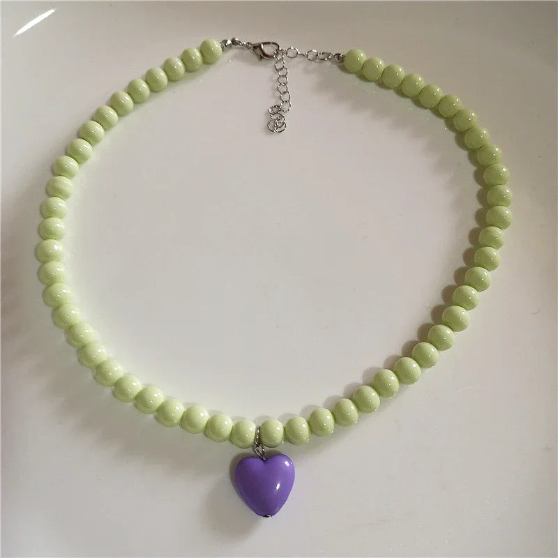 Kpop Resin Candy Color Heart Pendant Glass Beaded Short Choker Collar Neck Necklace Aesthetic Charm Jewelry Y2K Accessories