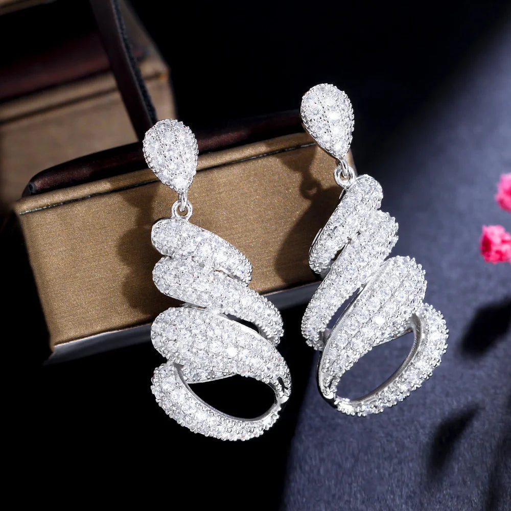 ThreeGraces Luxury Fashion Shiny White Zirconia Bridal Wedding Party Long Twist Lines Drop Earrings for Women Jewelry E1053