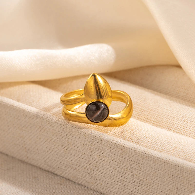 ANENJERY 316L Stainless Steel Colorful Stone Water Droplets Open Ring for Women Personality Niche Jewelry Niche Gifts Wholesale