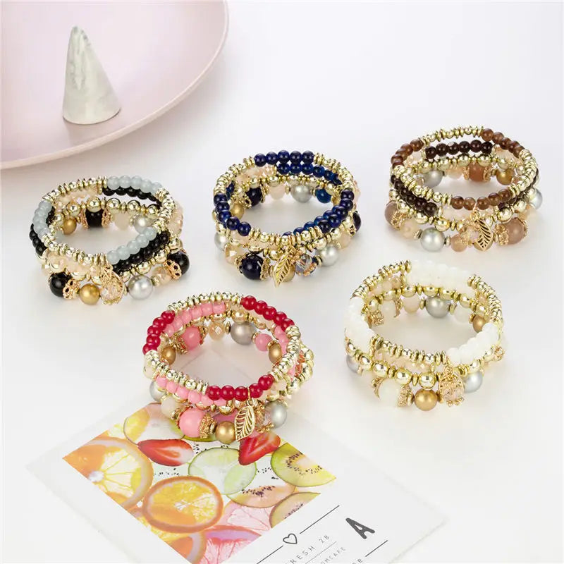 4Pcs New Candy Color Glass Beads Bracelet Set For Women Fashion Leaf Charm Elastic Chain Bangle Female Party Jewelry