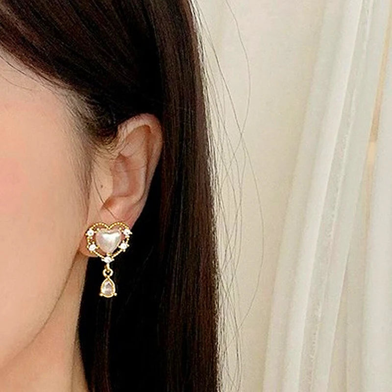 Huitan Sweet Heart Imitation Pearl Drop Earrings with Waterdrop Cubic Zirconia Gold Color Temperament Accessories for Women