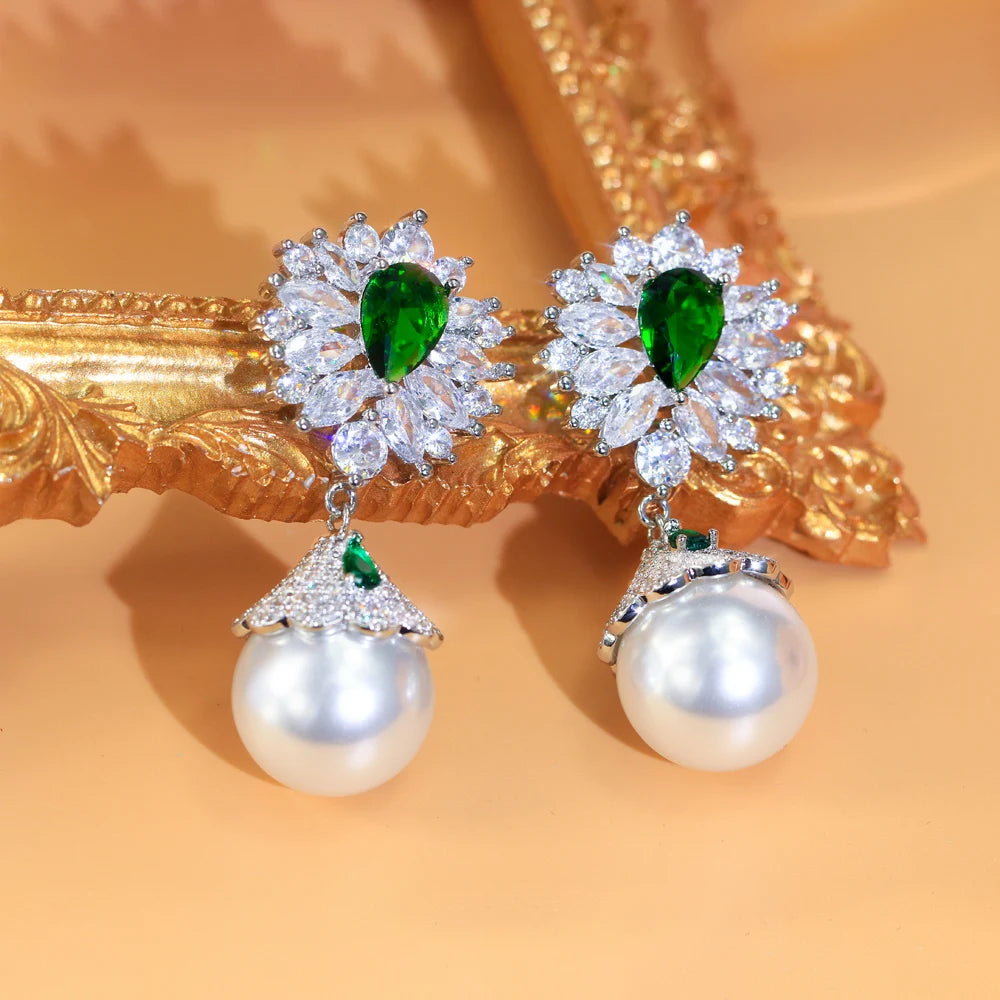 ThreeGraces Luxury Shiny Green Zircon Big Simulated Pearl Long Wedding Bridal Earrings for Women Vintage Party Jewelry E1921