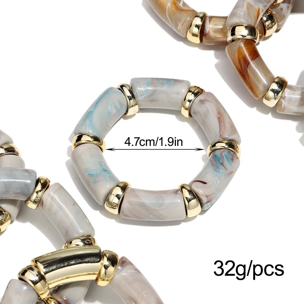 3pcs Fashion Chunky Tube Beaded Elastic Bangle Bracelets Acrylic Marbled Geometric Curved Beaded Bracelet Vintage Jewelry Gifts