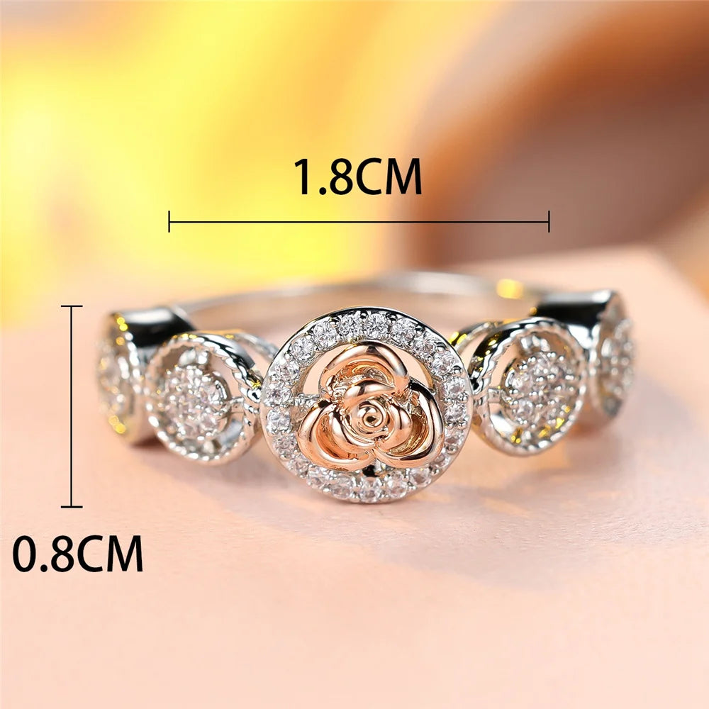 Cute Female White Zircon Round Stone Silver Color Wedding Jewelry Promise Engagement Flower Rings For Women