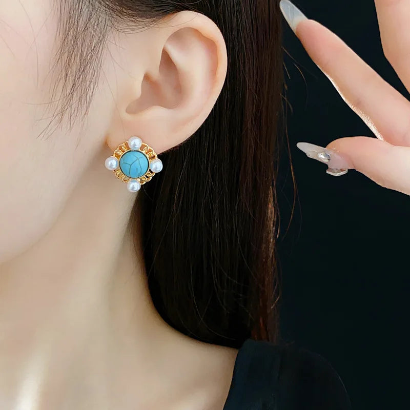 NISHIZAWA Pearls Stud Earrings for Women Geometric Sweet Korean Fashion Jewelry Elegant Vintage Simple Aretes De Mujer