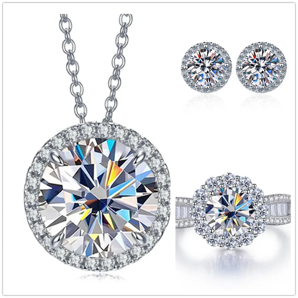Total 9 Carat Moissanite Jewelry Set 925 Sterling Silver Ring Earrings Necklace Jewelry Pass Diamond Test with Black Card Gift