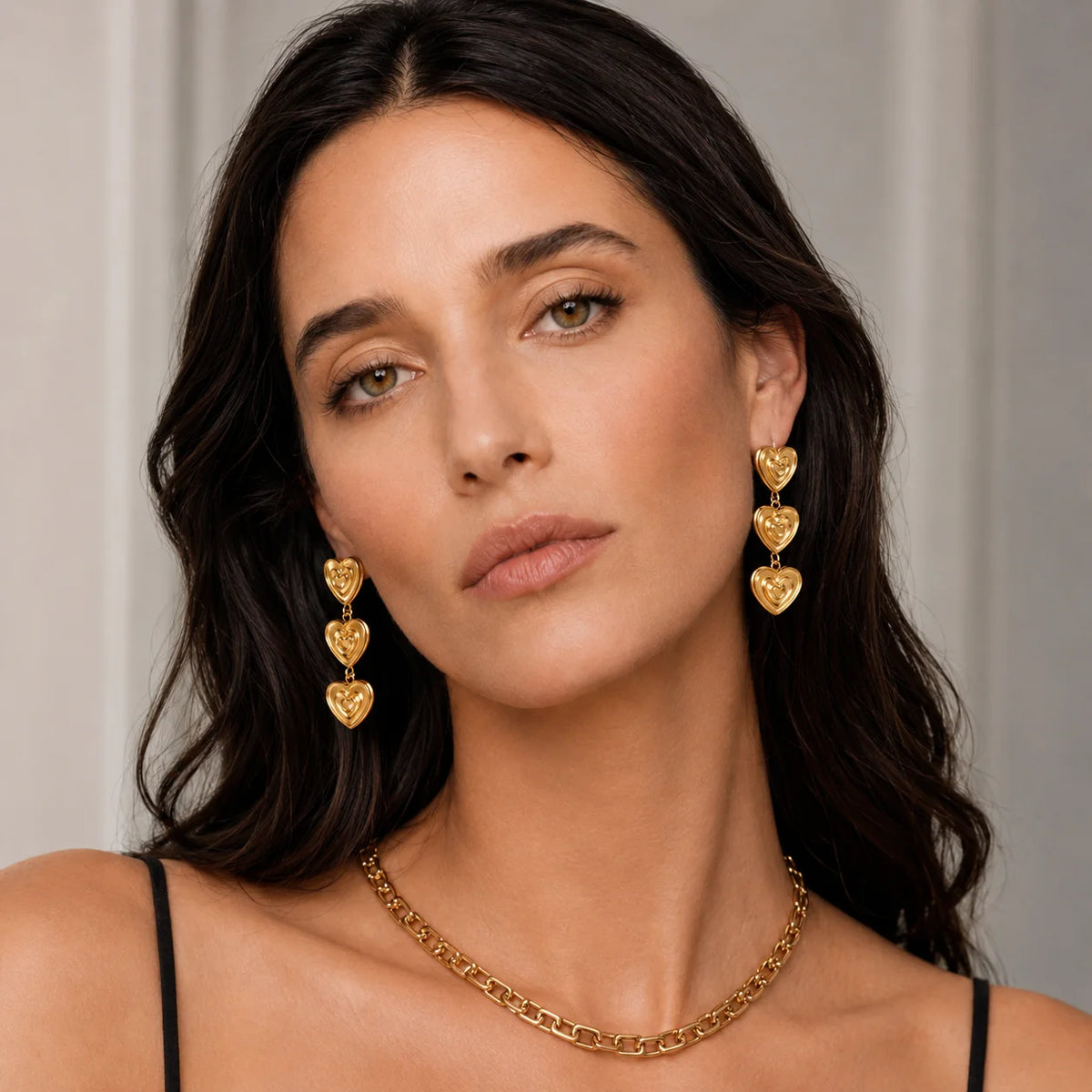 E.B.belle Modern Triple Heart Stud Earrings For Women 18K Gold Plated Waterproof Stainless Steel Earrings Fashion Ladies Jewelry