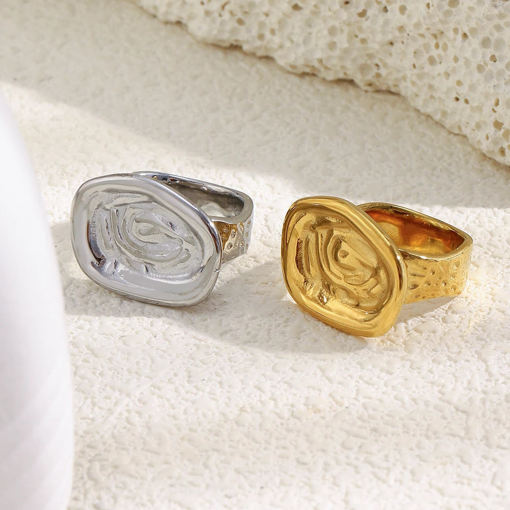 E.B.belle Stainless Steel Irregular Pattern Ring 18K Gold Plated Tarnish Free Hypoallergrnic Charm Jewelry For Wome's Gift