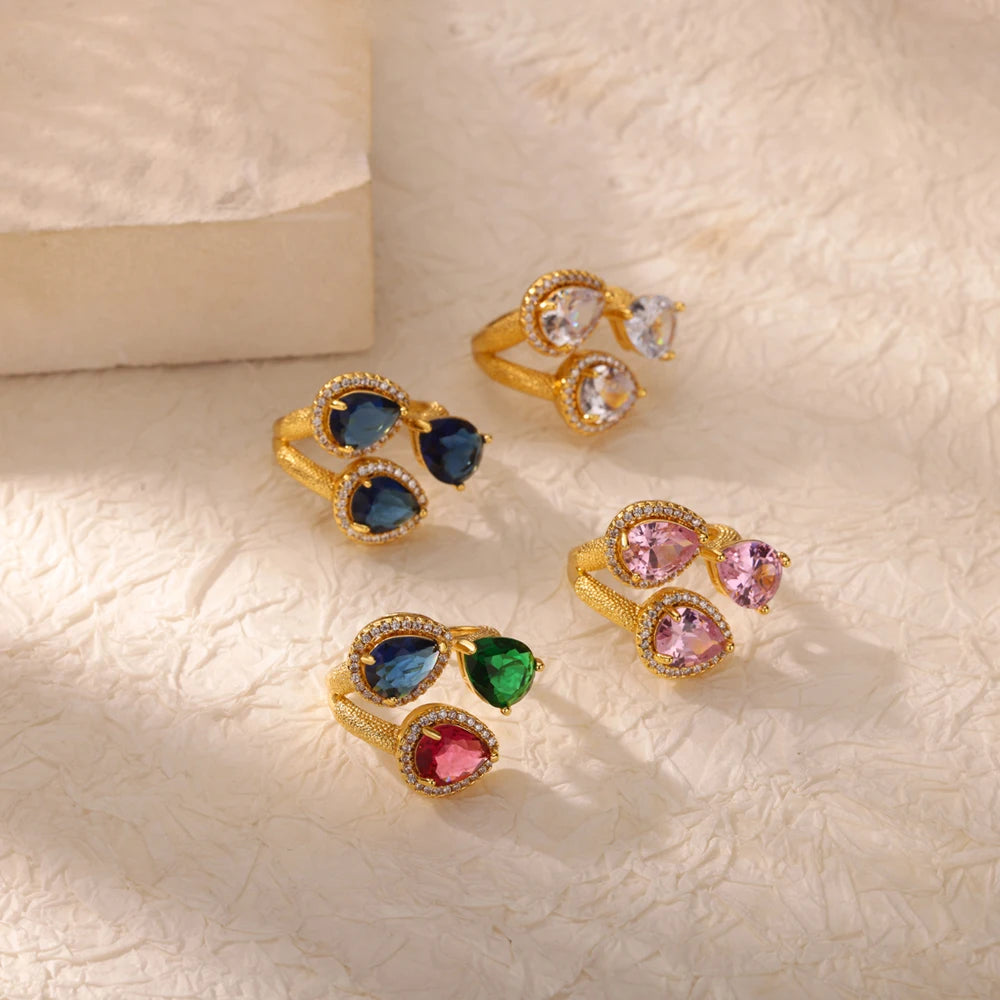 Luxury Stainless Steel Rings Gold Plated Colorful Stone Zircon Crystal Heart Ring For Women Wedding Boho Jewelry Christmas Gift