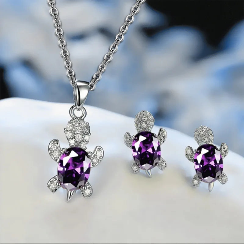 Multicolor Rhinestones Turtle Necklace Earrings sets for Women 14k Platinum Plated 3 Pcs Jewelry Set Female Party Wedding Gifts