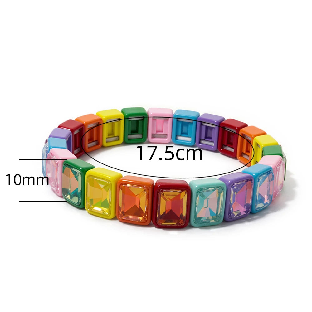 8x10mm Zirconia Enamel Bangle For Women Handmde Rainbow Color Elastic Beaded Bracelets