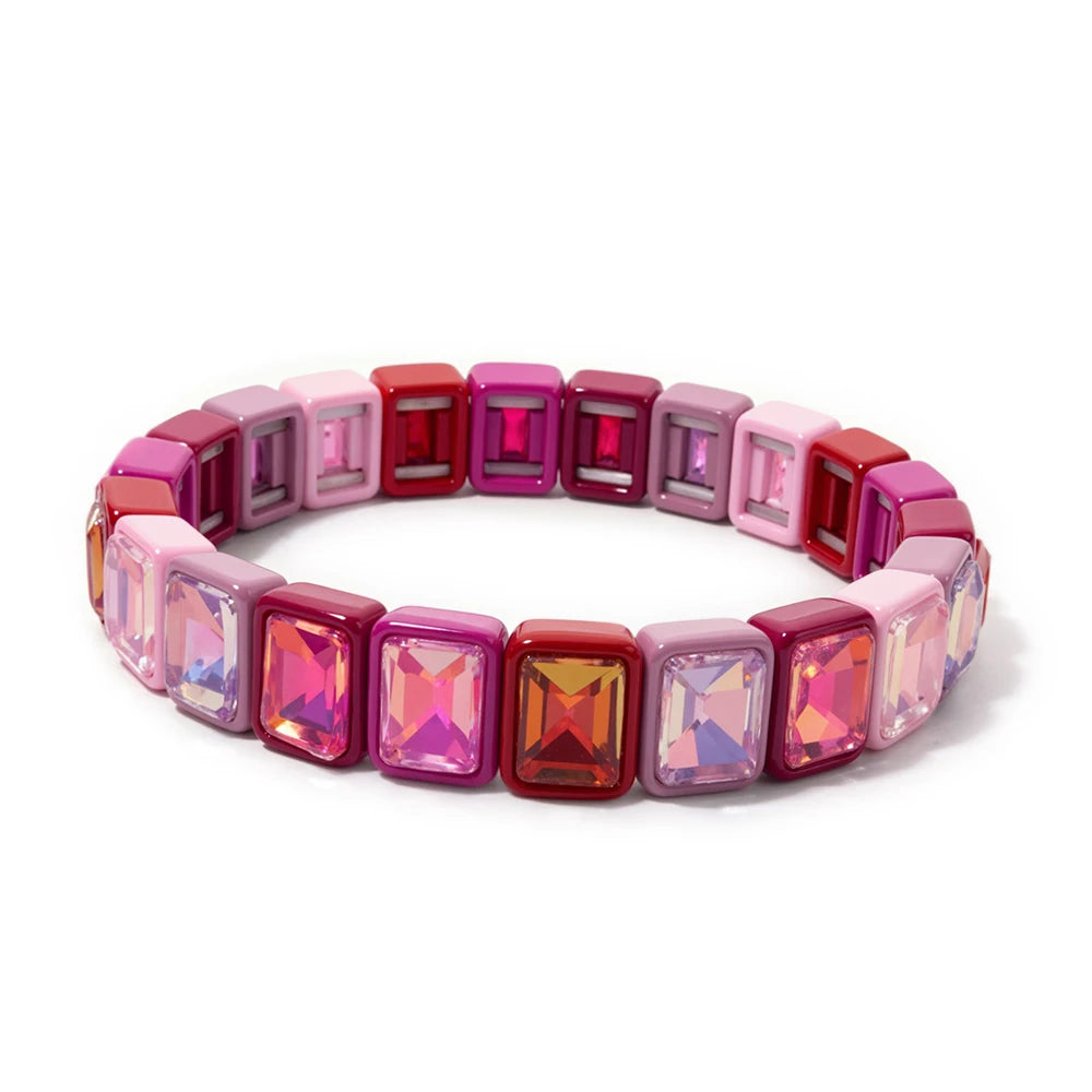 8x10mm Zirconia Enamel Bangle For Women Handmde Rainbow Color Elastic Beaded Bracelets
