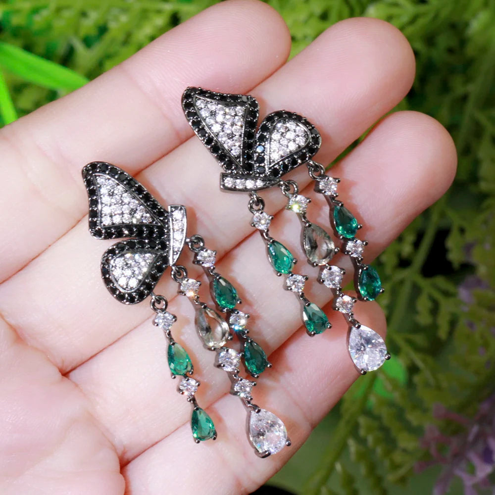 ThreeGraces Elegant Black Cubic Zirconia Butterfly Shape Long Dangle Tassel Earrings for Women New Fashion Party Jewelry E1281
