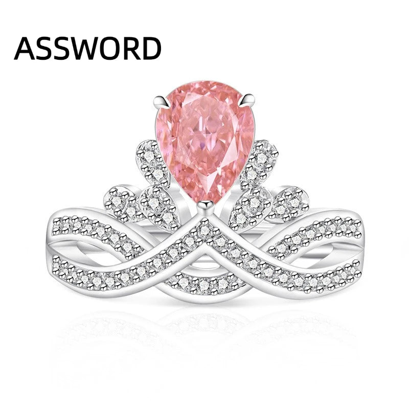 925 Sterling Silver Crown Teardrop Ice Flower Cut Cubic Zirconia Ring Twisted Split Shank Wedding Jewelry Gift for Women