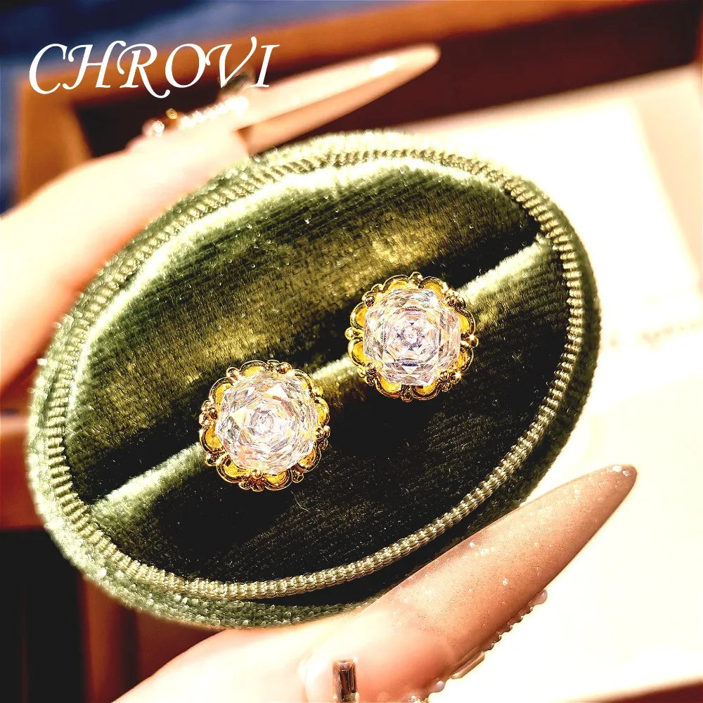 Light luxury 925 sterling silver round rose necklace with dazzling zircon stud earrings and gemstone ring set for women