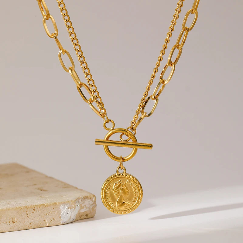 EILIECK 316L Stainless Steel Gold Color Portrait Coin Pendant Necklace For Women Fashion New Gift OT Buckle Neck Chain Jewelry