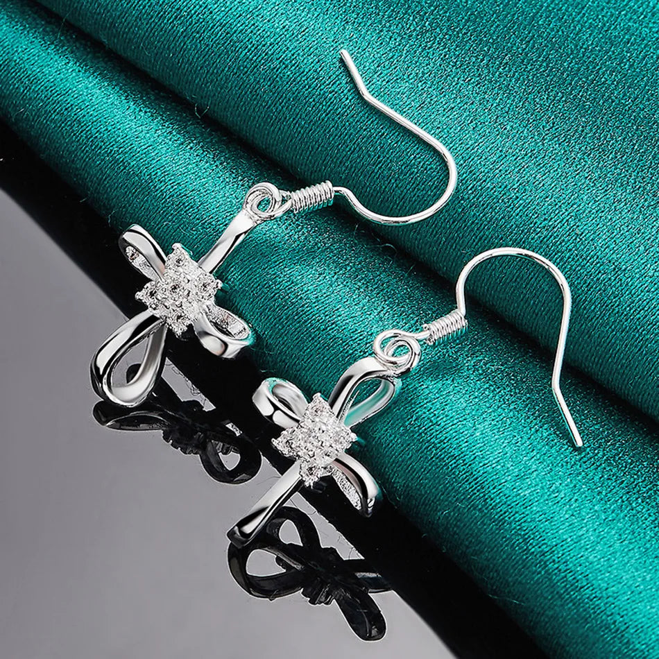 URMYLADY 925 Sterling Silver Bowknot Zircon Earrings For Women Wedding Party Charm Jewelry