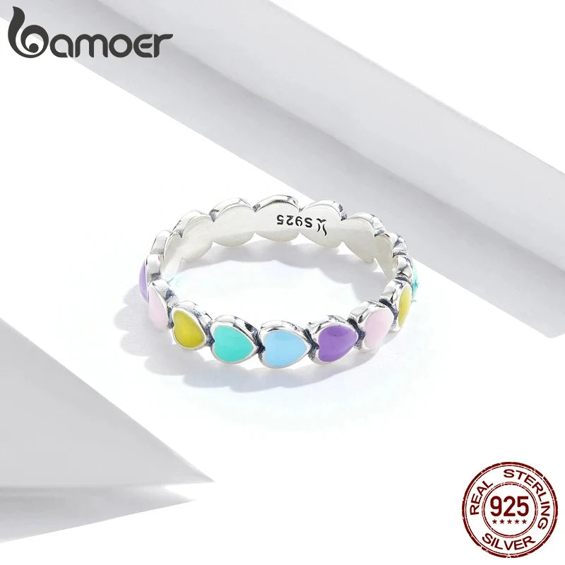 BAMOER 925 Sterling Silver Cute Rainbow Heart Finger Ring for Women Stackable Silver Ring with Mini Hearts Trendy Jewelry