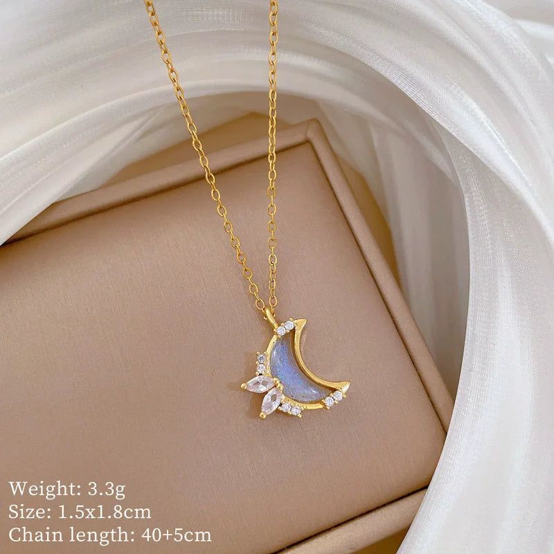 EILIECK 316L Stainless Steel Luxury Bling Zircon Moon Heart Pendant Necklace For Women 18K PVD Plated Neck Chain Jewelry Gift