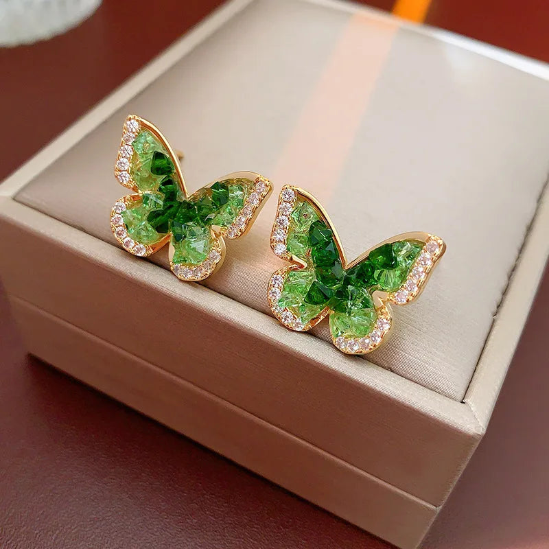 Gold Plating Zircon Green Crystal Butterfly Stud Earrings for Women Partysu Fashion Earring Luxury Silver Jewelry New