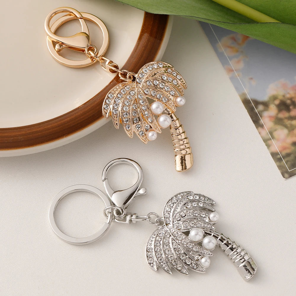 Coconut Tree Crystal Pearl Keychain Golden Color Key Ring Women's Bag Pendant Souvenir Gift Hawaii Beach