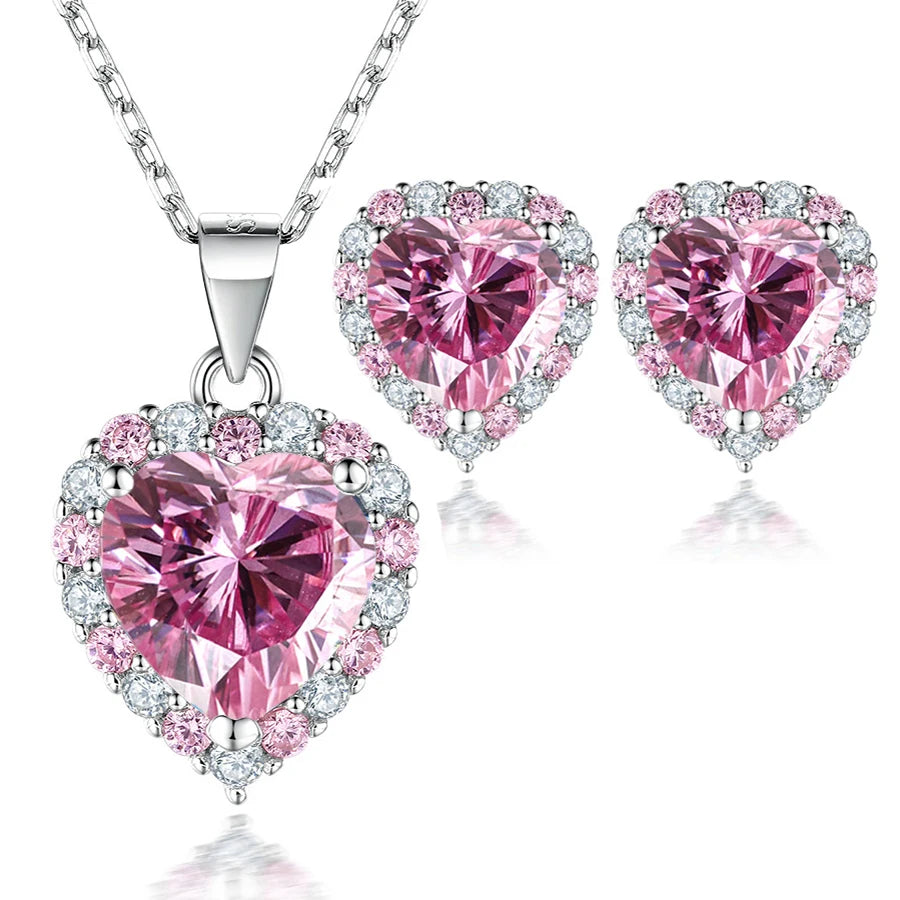 Heart Cut Pink 2CT Total Moissanite Necklace Earring Set S925 Sterling Silver GRA Certified Pass Diamond Tester Wedding Party Fine Jewelry Gift For Women