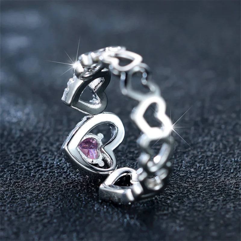Luxury Female Pink Zircon Stone Ring Trendy Silver Color Heart Engagement Cute Bride Wedding Jewelry Gift For Women