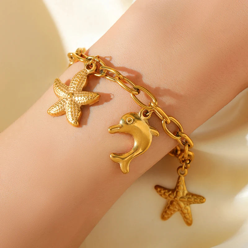 EILIECK 316L Stainless Steel Metal Golden Sun Moon Starfish Bracelet For Women Trendy Wrist Chain Handmade Jewelry Gift Party